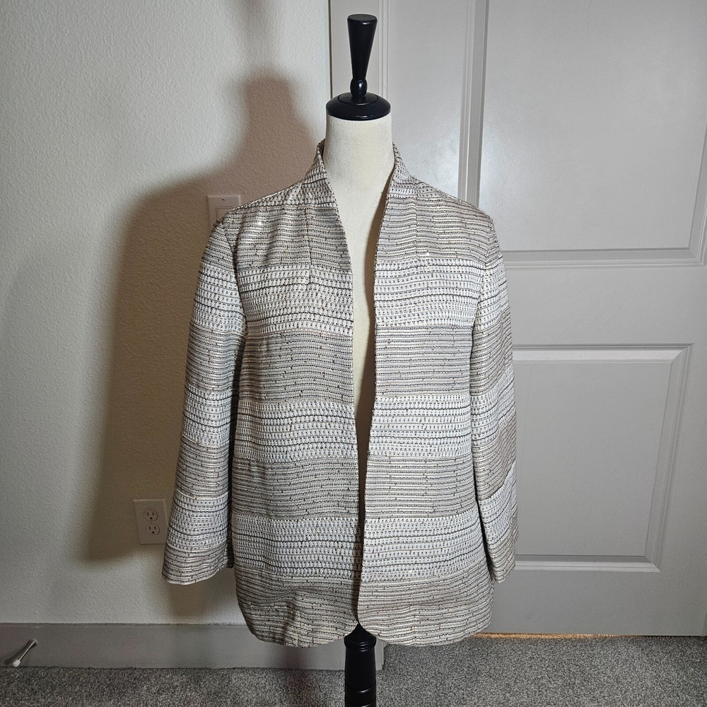 Chico's Tweed Open Front Blazer Cardigan‎ Size 2 Sequin Beige Brown Gold White